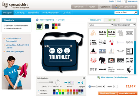 Screenshot von Spreadshirt.net, Editor zum Personalisieren von Gegenständen